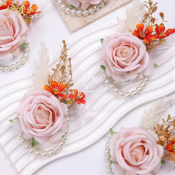 Meldel Pink Velvet Rose Wrist Corsage, Set of 6, Wedding Bridal Flower Corsage Hand Decor for Prom Party Homecoming, Wristband Flowers Bride, Bridesmaid, Girl,Mother of The Bride Corsage