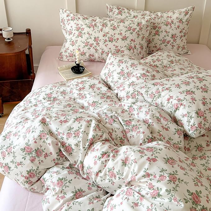 HighBuy Cute Floral Duvet Cover Twin Girl Ultra Soft Cotton Coquette Comforter Cover with Zipper Ties,Garden White Pink Floral Bedding Collection Twin,Extra Soft Floral Bedding Set 3 Piece