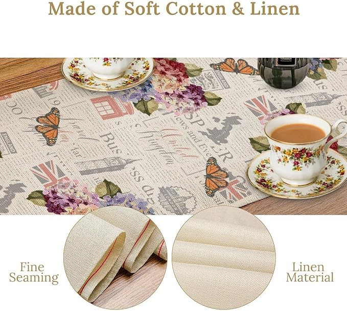 British Table Runner, Seasonal Vintage Floral England London Culture Element Coffee Table Center Decor for Home Kitchen Dining Patio Holiday Party Table Decorations 13x90 inches