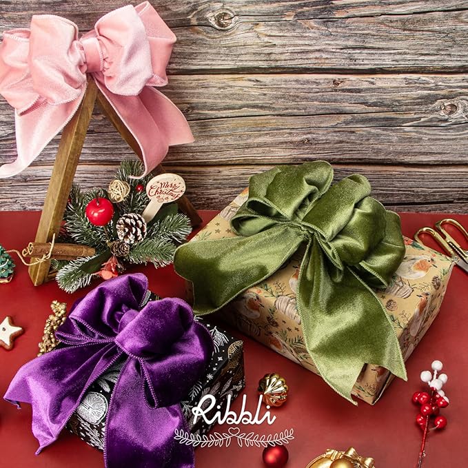 Ribbli Light Pink Velvet Wired Ribbon 4 Inch Velvet with Satin Christmas Ribbon for Gift Wrapping Christmas Tree Decoration Crafts Wreaths Supplies-Continuous 10 Yards