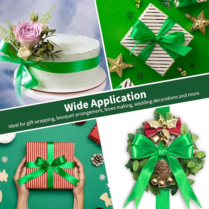 1-1/2 Inch Wide Emerald Green Satin Ribbon, 50 Yards Solid Polyester Fabric Ribbon for Roses Making, Gift Wrapping, Holiday Party Decor, Christmas, Wedding Decorations, Crafts, Bows