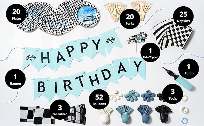 127 PCS Racecar Birthday Decorations – F1 Birthday Decorations Includes Race Car Balloon Arch Kit, Pump, Cake Topper, Paper Plates, Napkins, Forks, and Banner, for Boys & Men, Serves 20