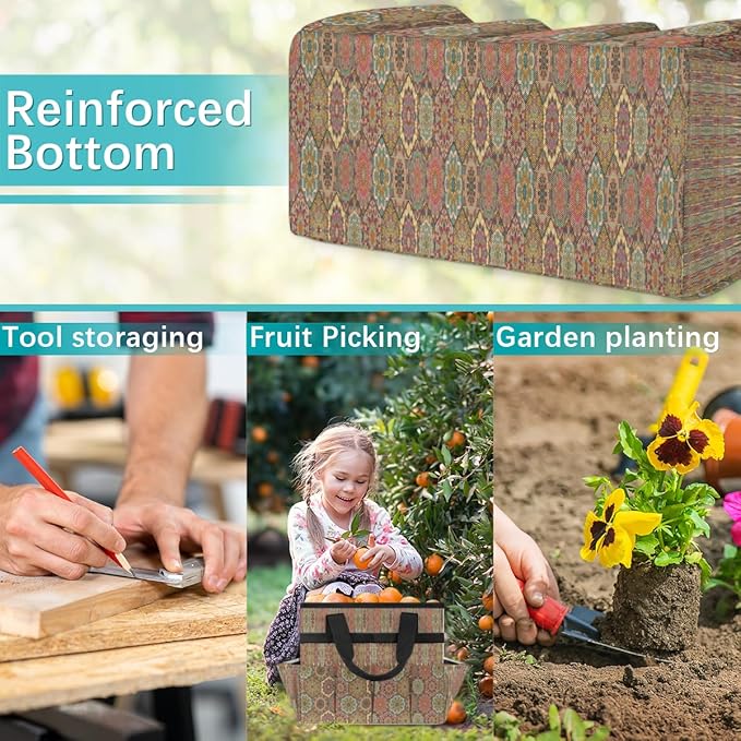 Ethnic Flowers Garden Tool Tote Bag for Women Men Gardening Tool Storage Bags with 10 Pockets Standable Garden Home Tool Kits Organizer for Indoor Outdoor Gardening Gifts
