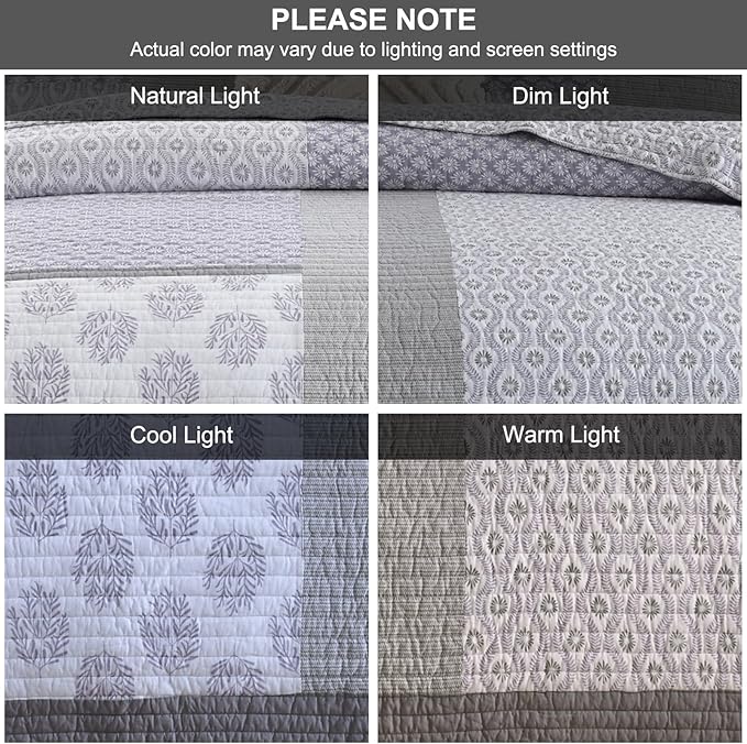 PANGUSHAN Quilt Set Queen Size, 100% Cotton Bedspread Quilt Bedding Set, Patchwork Reversible Floral Quilt for Queen Bed, Purple/Grey/White Bed Spread, Lightweight Comforter for All Season, 3 Pieces
