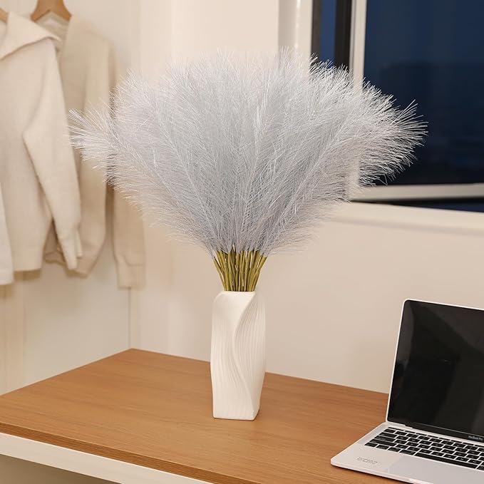 Faux Silver Pampas Grass - 30pcs 24 Inch Short Artificial Pampas Grass Decor, Fake Pompas Floral for Vase Filler, Wedding Flower Arrangement, Party and Home Decor (Silver, 30 Pieces)