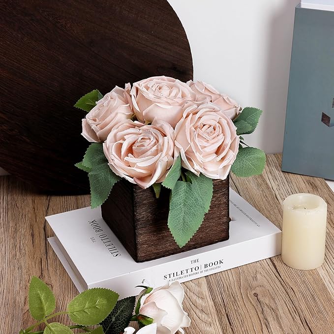 Dining Table Centerpiece Set of 3 - Pre-Made Aritifial Rose with Wooden Vase Fake Floral Arrangment Faux Flower for Wedding Bridal Tea Party Event Decorations - Boho