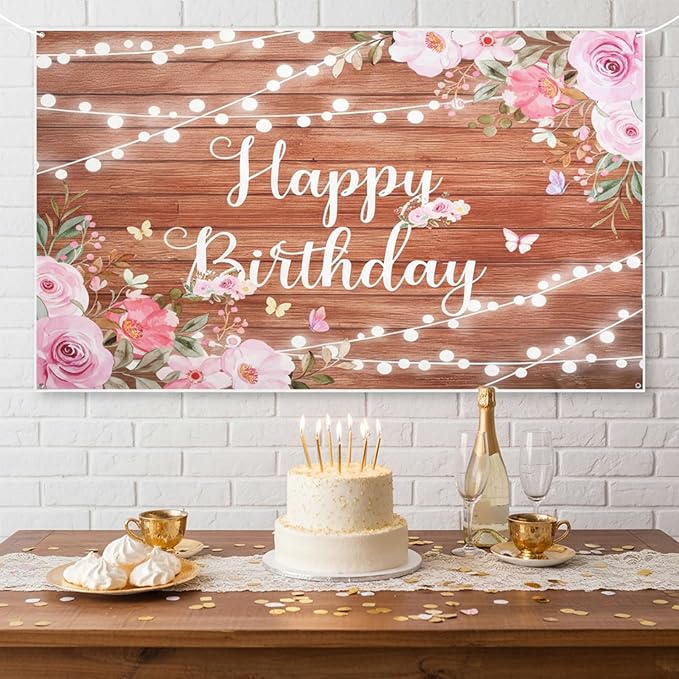 Happy Birthday Backdrop Banner Decorations Pink Floral Birthday Banner for Women Girls Glitter Lights Rustic Wood Birthdays Background for Backdrop Party Decorations 70.87x43.3in