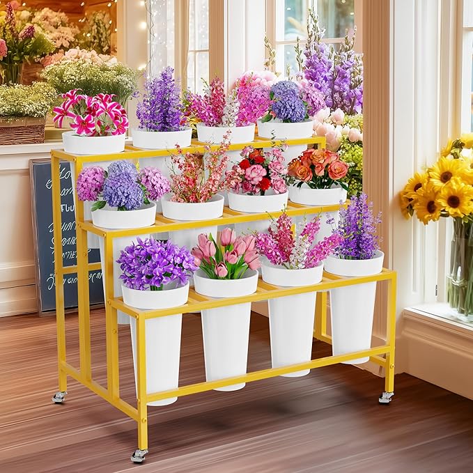 Asee'm Flower Display Stand with 12 Buckets, 3-Tier Flower Stand with Wheels, Heavy Duty Moving Metal Plant Bar Cart Stands Florist Bouquet Shelf for Indoor Outdoor Patio Garden(Gold - Round Bucket)
