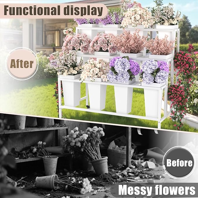 Flower Cart Display Stand for Shops & Weddings – Rolling 3-Tier Flower Bar Cart with 12 Buckets and Hooks – Ideal for Garden and Event Decoration