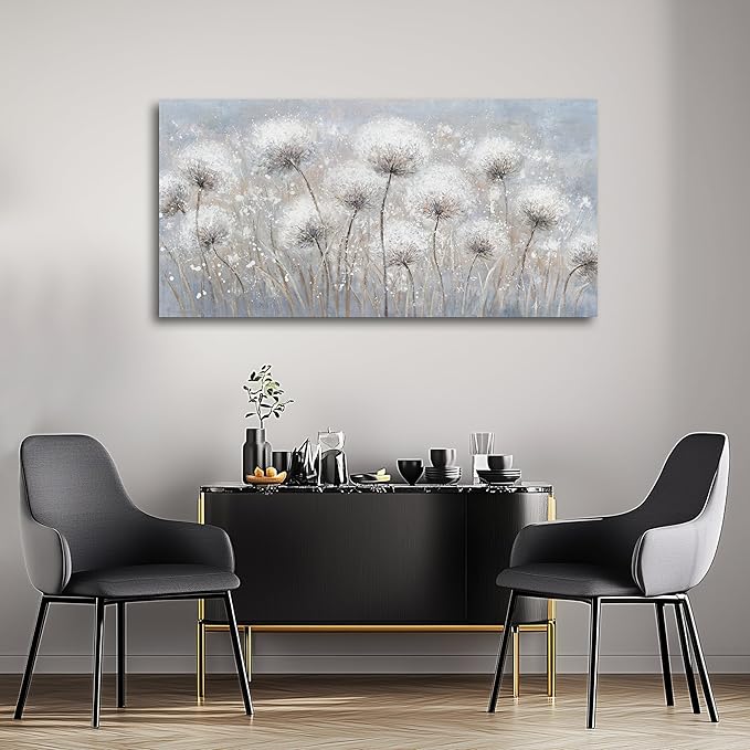 Belmrxne Dandelion Floral Wall Art White and Black Wall Decor Modern Artwork Above Couch Canvas Painting for Living Room Bedroom Dining Room Office Home Decor 24x48 inch