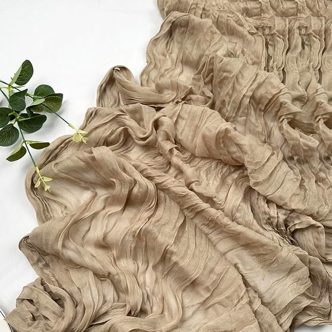 Booque Valley Nude Cheesecloth Table Runner 120 Inch 10ft Super Soft Boho Wrinkled Gauze Sheer Cloth for Baby Shower Birthday Bridal Shower Wedding Centerpiece Table Decoration, 1 Pack , Tan