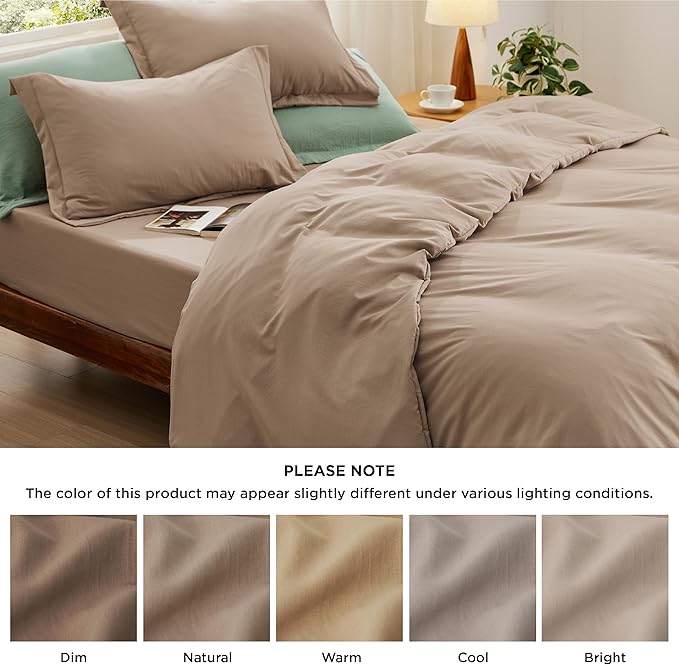 Bedsure Duvet Cover Queen Size with Fitted Sheet - 4 Pieces Prewashed Cotton-Like Extra Soft Bedding Set, Includes 1 Duvet Cover 90x90 Inches, 2 Pillow Shams, 1 Fitted Sheet, Deep Beige