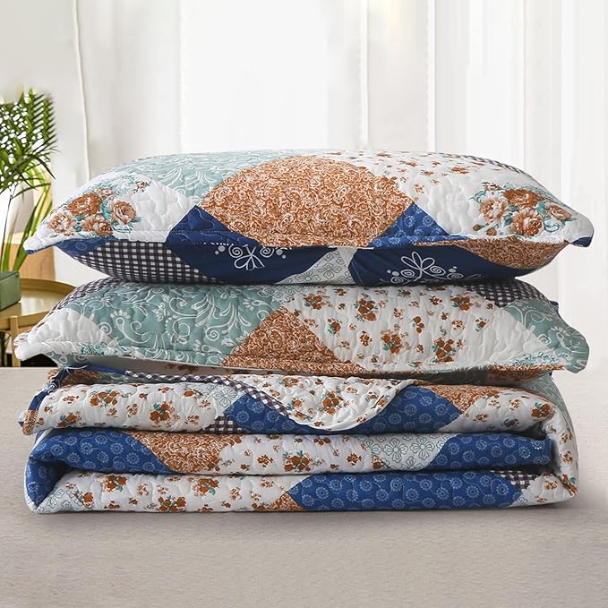 Dinjoy Reversible Patchwork Quilt Bedding Set Twin Size Blue Green Grey Plaid Floral Pattern Bedspread Set Soft Microfiber Coverlets Bed Set 3 Pieces Spring Summer Fall Use (68x86 inches)