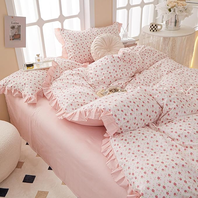 Queen Comforter Set Chic Floral Ruffle Comforter Pink Flower Bedding Comforter Set for All Seasons Fluffy Soft Girls Cottagecore Bedding Set Vintage Botanical Flowers Comforter with 2 Pillowcases