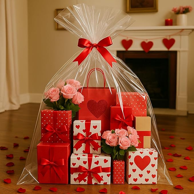 Morepack Extra Large Cellophane Bags for Gift Baskets 50x60 Inches,Jumbo Big Clear Cellophane Bags 10 Pieces