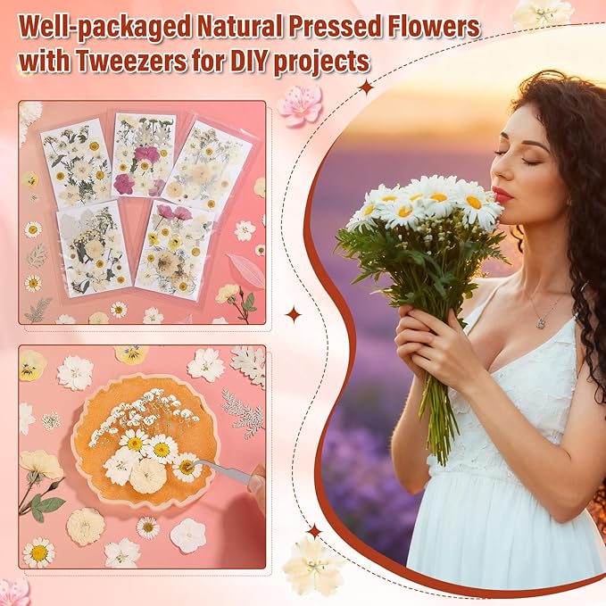 Dried Pressed Flowers for Resin, Real Pressed Flowers Dry Leaves Bulk Natural Herbs Kit for Scrapbooking DIY Art Crafts Epoxy Resin Jewelry Mold Candle Soap Making Nails Dรฉcor (White & Pink Floral)