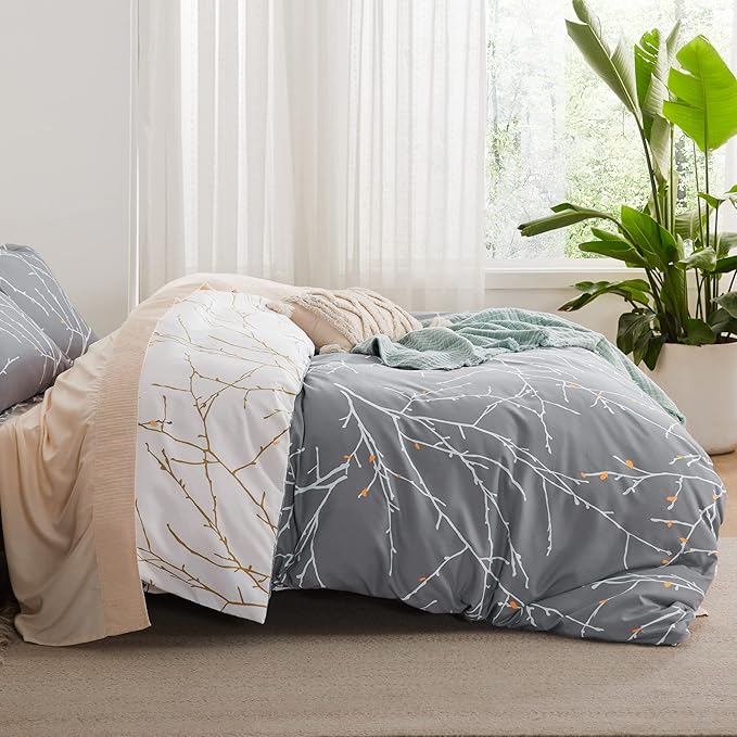 Bedsure Duvet Cover King Size - Reversible Tree Branch Duvet Cover Set with Zipper Closure, 3 Pieces Grey Bedding Set with 8 Corner Ties and 2 Pillow Shams 20"x36"