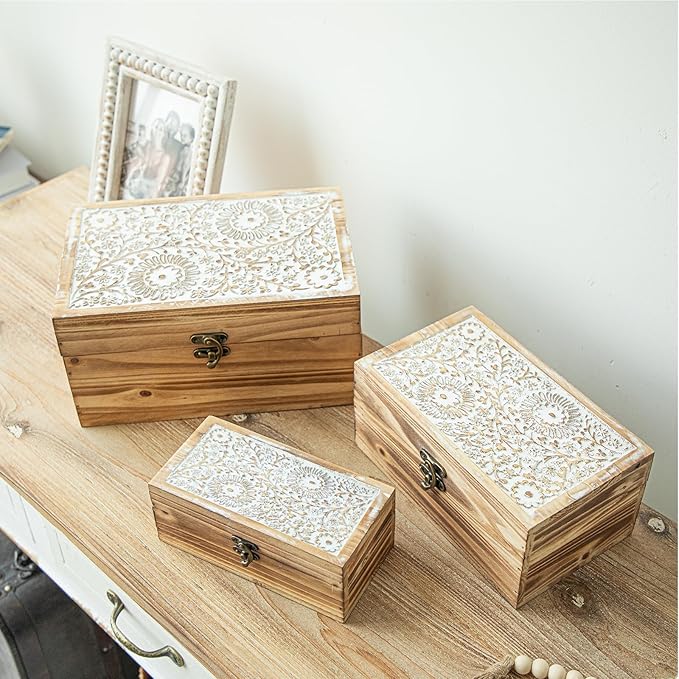 Set of 3 Wood Decorative Boxes, Rustic Farmhouse Keepsake Box Wooden Box with Hinged Lid and Floral Carved Design, Decorative Boxes for Home Decor, Brown