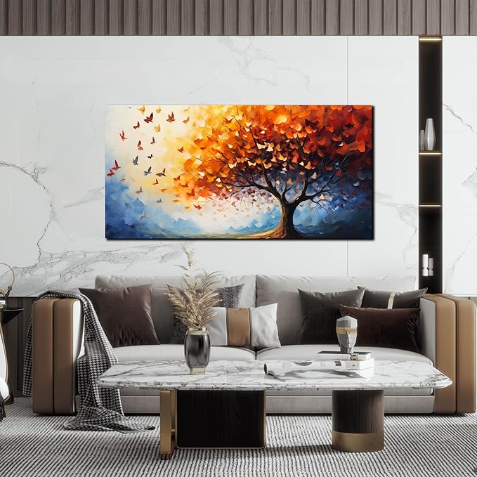 ANCXWOTER Butterfly Tree Canvas Wall Art for Living Room Bedroom Home Office Orange and Blue Colorful Butterfly Picture Tree of Life Wall Art Large Modern Canvas Prints 24x48 In