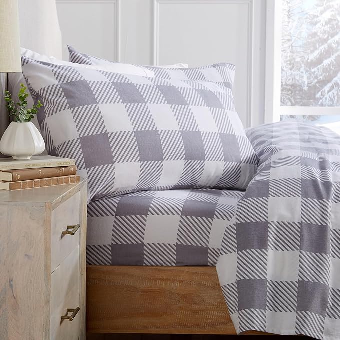 Market & Place 100% Turkish Cotton Flannel Sheet Set | 3 Piece Deep Pocket Novelty Cozy Winter Bed Sheets | Double Brushed for Extra Softness & Comfort | Alpine Collection (Twin, Buffalo Check Grey)