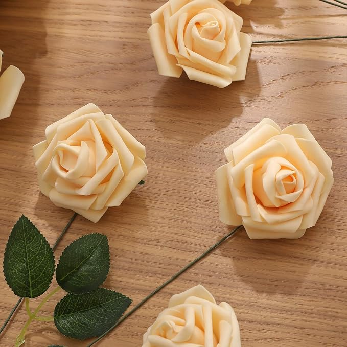 Artificial Flowers Roses 50pcs Champagne Roses Wedding Bouquets Real Looking Foam Fake Roses with Stems for DIY Bridal Shower Centerpieces Arrangements Party Tables Decorations