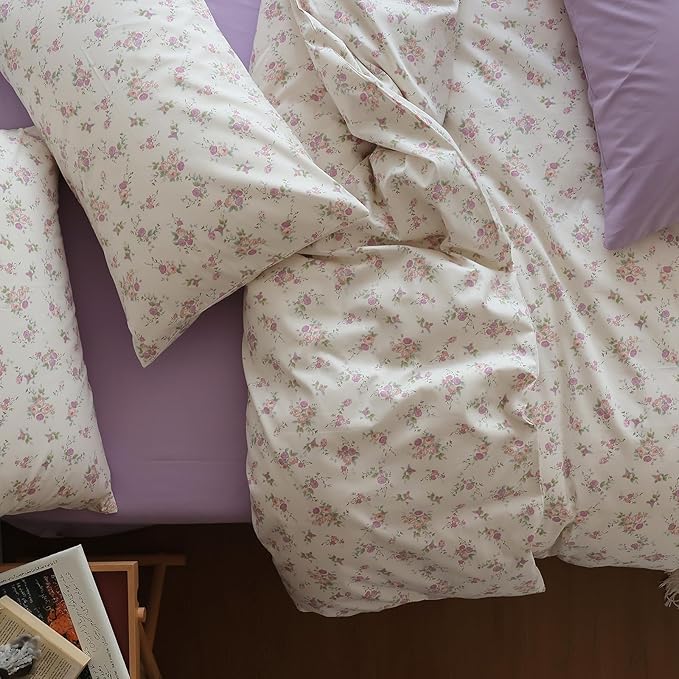 LifeTB Pink Flower Duvet Cover Twin 100% Cotton Girls Cottagecore Bedding Set 3 Pieces Botanical Floral Comforter Cover with Zipper Closure Vintage Country Bedding Cute Floral Duvet Cover Twin
