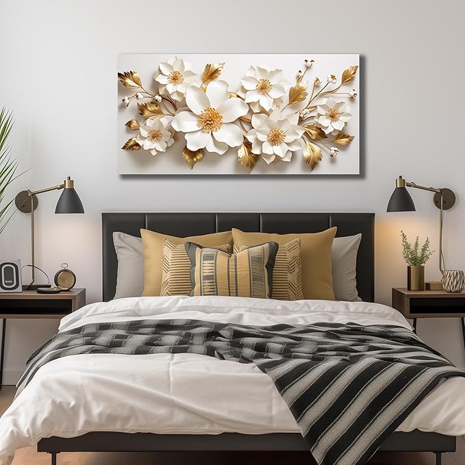 JuhaiArt Gold Wall Decor White 3D Floral Wall Art Elegant Flower Canvas Decor for Bedroom Living Room Office Picture Artwork 24" x 48"