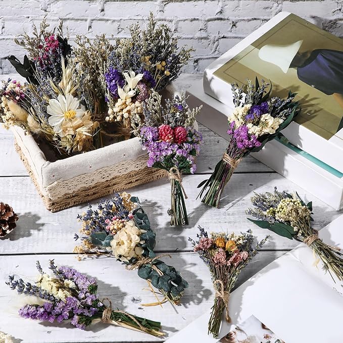 Layhit 12 Pack Boho Dried Flower Bouquet Mini Wedding Handmade Dry Flowers Decor for Vase Crafts DIY Photo Boutonniere for Men Floral Plant for Bridesmaid Gift Birthday Decor(Romantic)