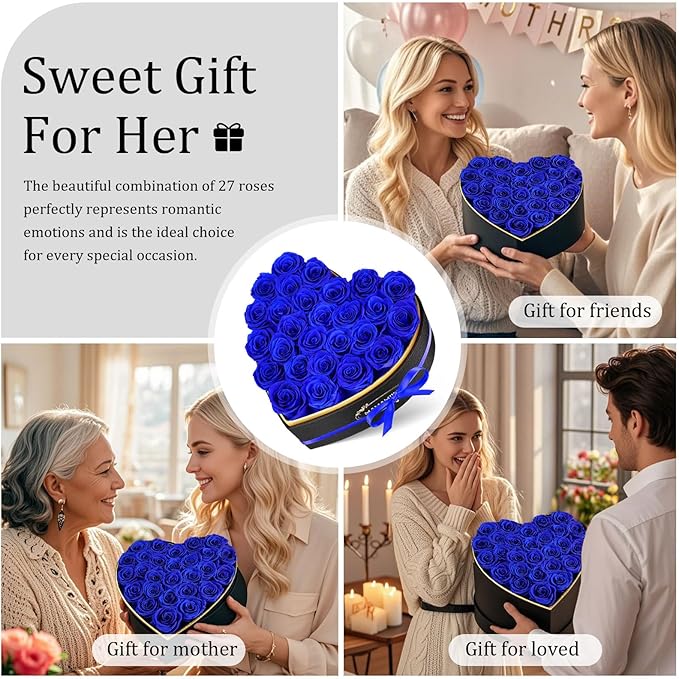 27 Preserved Roses in Heart Shape Gift Box for Her - Forever Flowers for Delivery, Eternal Rose Mothers Gifts for Mom, Wife Anniversary Birthday Gifts for Women, Blue