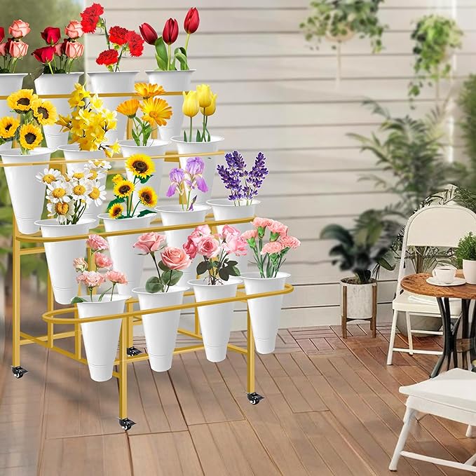 Flower Display Stand with 16PCS Buckets, 4 Layers Flower Cart Display Stand with Wheels Heavy Duty Metal Flower Bar Stand for Florist Shop, Patio Garden and Living Room - Gold