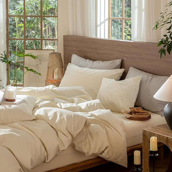 MooMee Wavy Striped Duvet Cover Set 100% Washed Cotton Linen Like Textured Breathable Durable Soft Comfy (Cream White, Oversized Queen 98"x98")