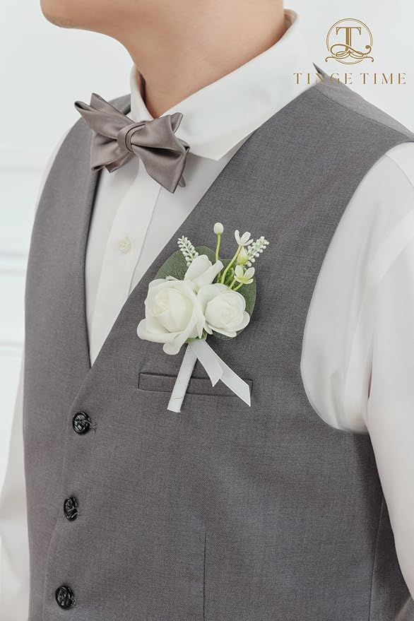 TINGE TIME 2PCS Boutonniere for Men, Groom and Groomsmen Boutonniere for Wedding, Prom, Homecoming, Anniversary, Graduation(White)
