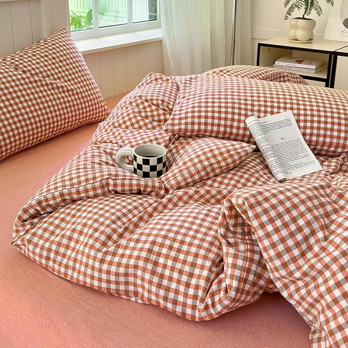 LifeTB Gingham Comforter Set King Modern Style Plaid Checkered Pattern Comforter Soft Fluffy Gingham Bedding Set Lightweight Red Orange Grid Bedding Comforter Farmhouse Checkered Comforter Set
