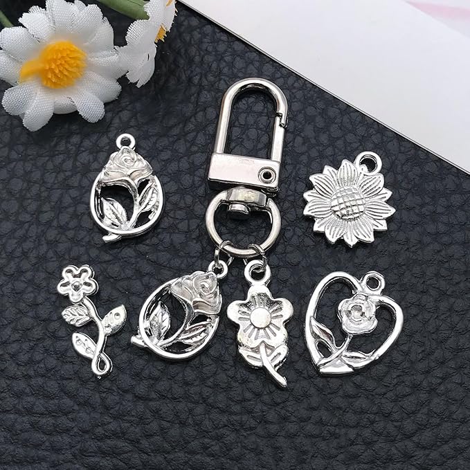 WOCRAFT 60pcs Bright Silver Flowers Bracelet Charms for Jewelry Making Sets DIY Necklace Bracelet Keychain Crafting Charms Kit Craft Supplies (SN879)