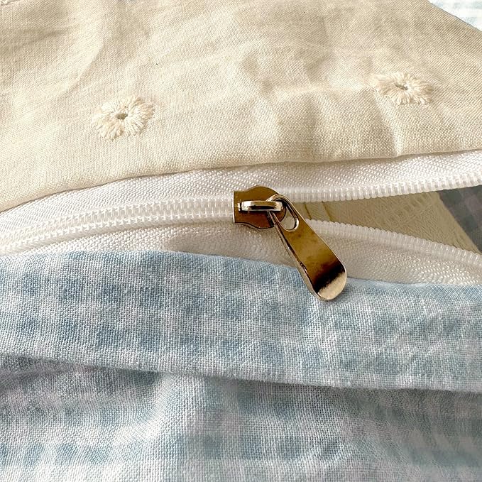 LifeTB Blue Gingham Duvet Cover Twin 3 Pieces Blue Plaid Comforter Cover with Chic White Lace Soft Microfiber Checkered Grid Duvet Cover with 2 Pillowcases Breathable Gingham Plaid Bedding Set