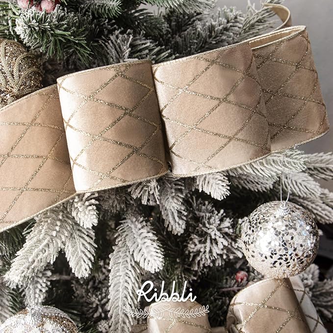 Ribbli Light Champagne Velvet Ribbon Wired with Glitter Diamond Grid 4 Inch Christmas Ribbon for Christmas Tree Decoration Big Bow Gift Wrapping Crafts Wreaths Garland Supplies - 10 Yards