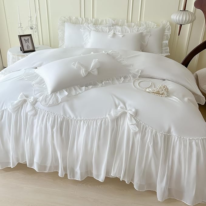 Ruffled Bedding Bow Duvet Cover Set with Butterfly Tie, Soft Brushed Microfiber Shabby Chic Bedding Set with Zipper Closure-White,Queen