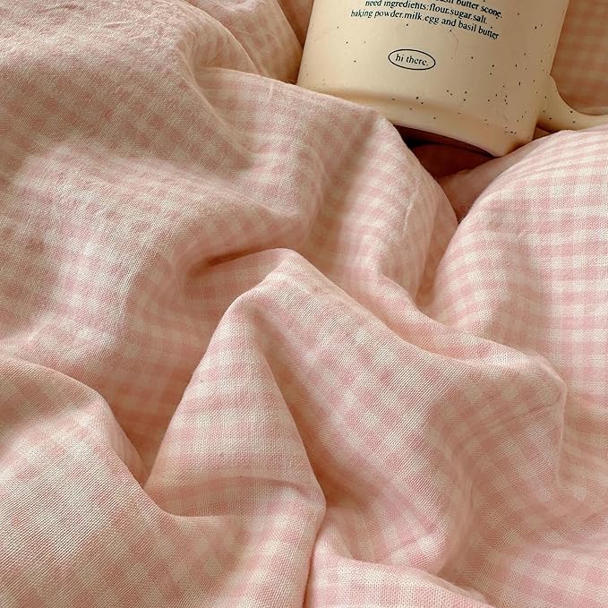 LifeTB Pink Gingham Duvet Cover King Size 3 Pieces Romantic Lace Duvet Cover Pink Plaid Checkered Comforter Cover with 2 Pillowcases Soft Breathable Microfiber Grid Farmhouse Plaid Bedding Set