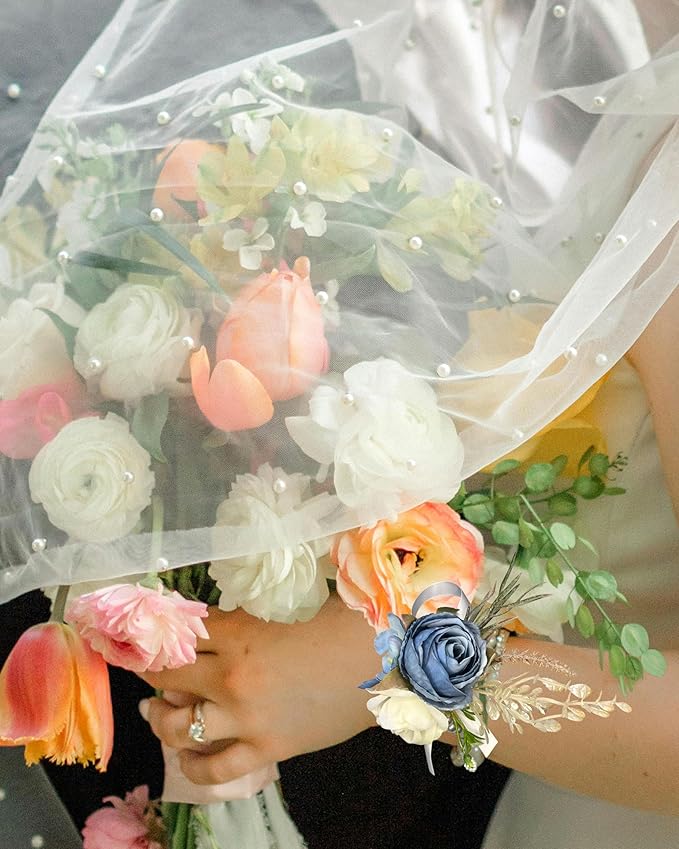 Corsage and Boutonniere Set Corsage Wistlet Dusty Blue Corsage Wrist Artificial Flower Perfert for Proms | Weddings for Bride,Bridesmaids, Groom,Groomsmen Decor (Dusty Blue)