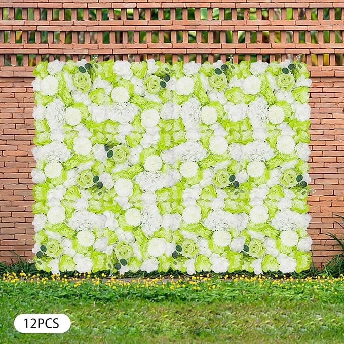 15"x 15" Artificial Flower Wall Panels,Flower Wall Mat Silk Flower Panels for Outdoor Garden Backyard Fence Fence Privacy Screen and Indoor Wall Decor(12Pcs Green+White)