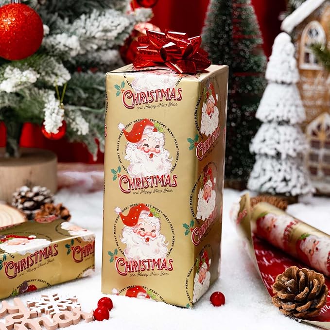 MAYPLUSS Christmas Wrapping Paper - 17 Inch X 33 Feet - Santa Claus Reversible Merry Christmas Gift Wrapping Paper, Metallic Foil Thick Gift Wrap Paper for Holiday Party New Year Kids