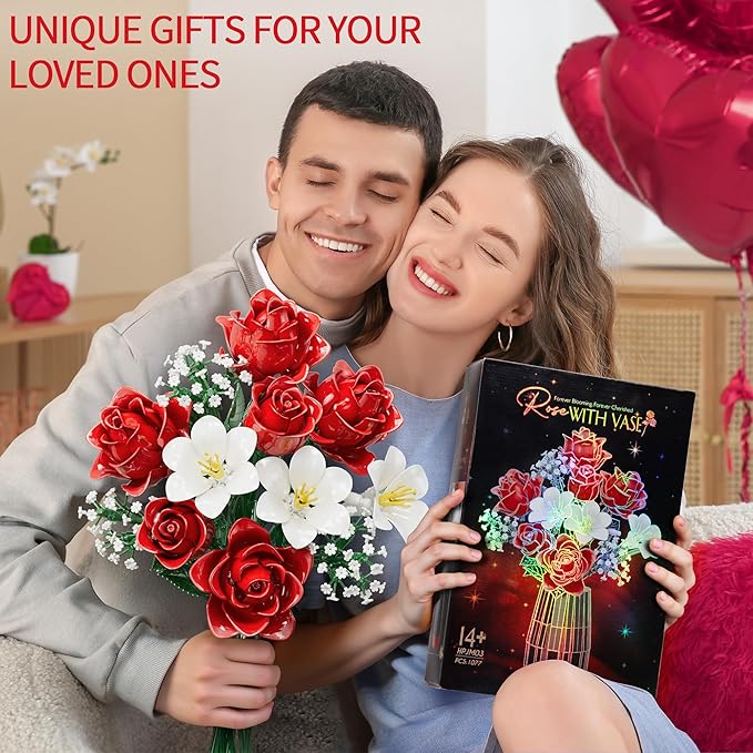 Rose Flower Building Blocks with Vase Set for Adults, Christmas Artificial Flower Bouquet Botanical Collection Bricks Anniversary Birthday Gifts for Her Women Mom Grandma Wife Men Home Decor -1077PCS