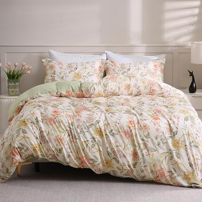 LONAVA King Floral 3 Pcs Duvet Cover Set, Breathable Soft Microfiber Glass Green Lining Comforter Cover with Zipper Closure, and 2 Anti-Pilling, Fade Resistant Pillowcases, Fall Floral