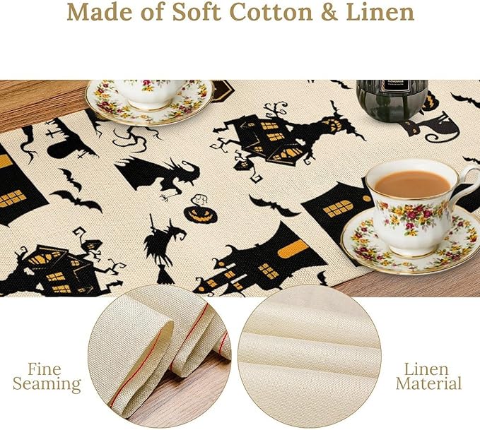 Halloween Table Runner, Retro Gothic Spoonky House Day of Death Mysterious Halloween Coffee Table Center Decor for Home Kitchen Dining Patio Holiday Party Table Decorations 13x108 inches