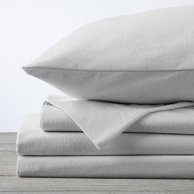 Market & Place 100% Cotton Twin Flannel Sheet Set | 3 Piece Deep Pocket Solid Cozy Winter Bed Sheets | Double Brushed for Extra Softness & Comfort | Chalet Collection (Twin, Light Grey)