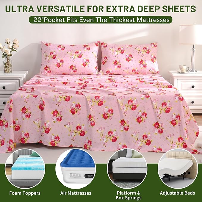 Bedlifes Extra Deep Pocket 18-24" King 4-Piece Sheet Set - Cooling Sheets Blend Rayon Derived from Bamboo Soft & Breathable,Featuring Pink Floral Red Rose