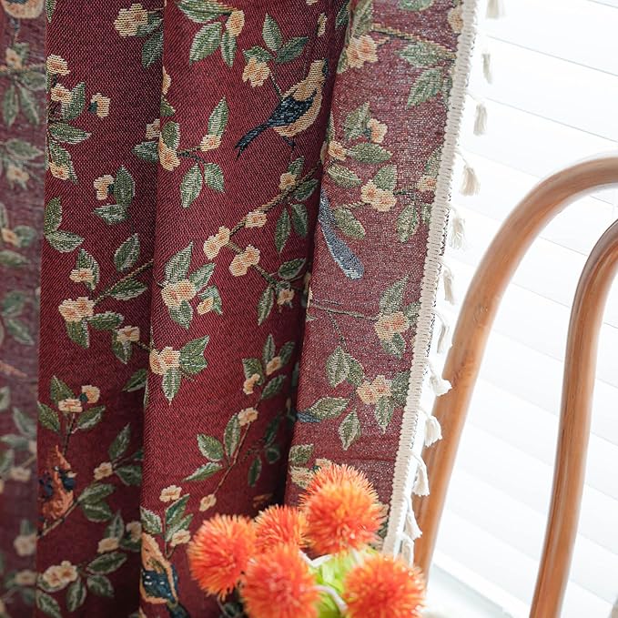 ENJOYBRIDAL Floral 96 Inch Curtains for Living Room Maroon Drapes Bird Pattern Jacquard Long Window Curtain Panels Rod Pocket Bedroom Farmhouse Boho Tassel Semi Blackout 2 Panels Window Treatments