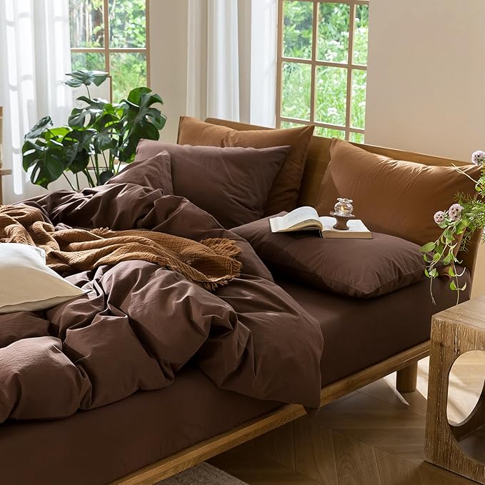 MooMee Bedding Duvet Cover Set 100% Washed Cotton Linen Like Textured Breathable Durable Soft Comfy (Solid Cocoa Brown, Oversized Queen 98"x98")
