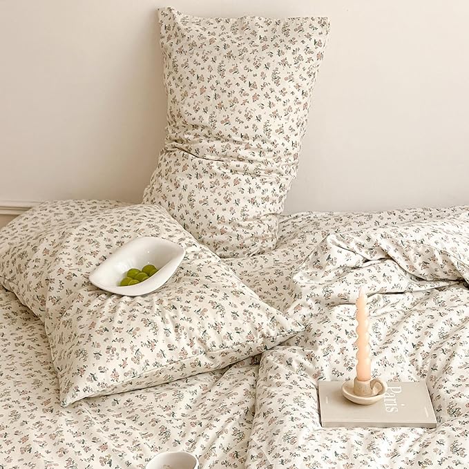 EAVD Garden Style Small Floral Duvet Cover Queen Soft 100% Cotton Chic Shabby Garden Floral Bedding Set with 2 Pillowcases Vintage Style Botanical Duvet Cover with Zipper Closure