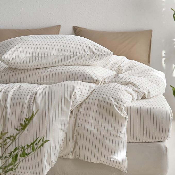 MooMee Striped Duvet Cover Set 100% Washed Cotton Linen Like Textured Breathable Durable Soft Comfy (White Tannish Linen Grey Wide Stripes, Super Queen 90"x98")